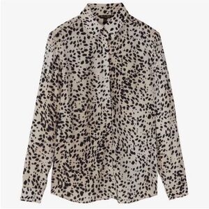 Massimo Dutti Designer Blouse Leopard Print Button Up Long Sleeve Black Size XS